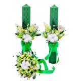 Set Lumanari si buchet pentru nunta, alb-verde, personalizabile cu nume si data, Plante Uscate ,Bumbac, Aranjament Frontal - Eventissimi