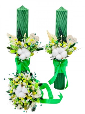 Set Lumanari si buchet pentru nunta, alb-verde, personalizabile cu nume si data, Plante Uscate ,Bumbac, Aranjament Frontal - Eventissimi foto