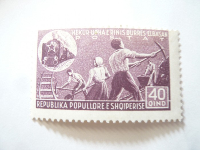 Timbru Albania 1947 Constructie Cale Ferata , val. 40g