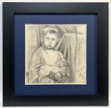 Toader Schipor 1957 Tablou Portret Băiețel cu Carte grafică crochiu &icirc;n creion &icirc;nrămat 24x24 cm