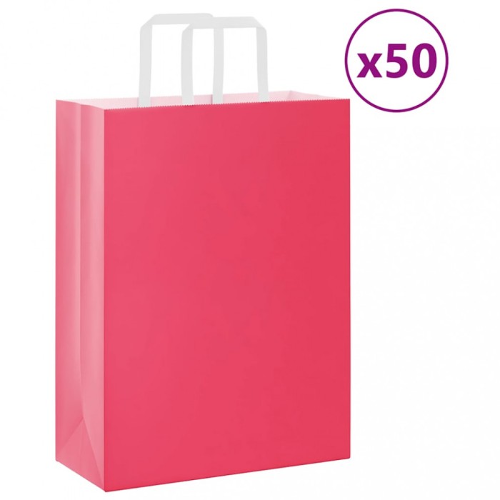 vidaXL Saci de h&acirc;rtie 50 buc cu m&acirc;nere roz 26x12x35 cm