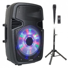 BOXA ACTIVA 15 inch/38CM ILUMINAT LED CU BT/USB/SD/FM + STAND + MICROFON foto