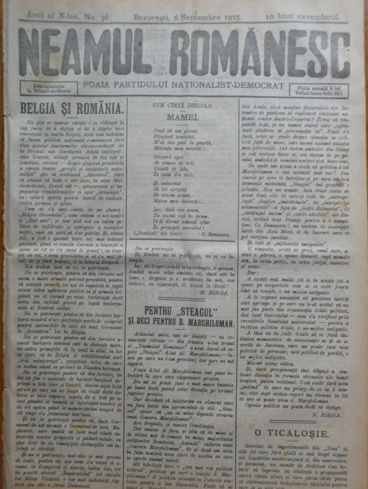 Ziarul Neamul romanesc , nr. 36 , 1915 , din perioada antisemita a lui N. Iorga