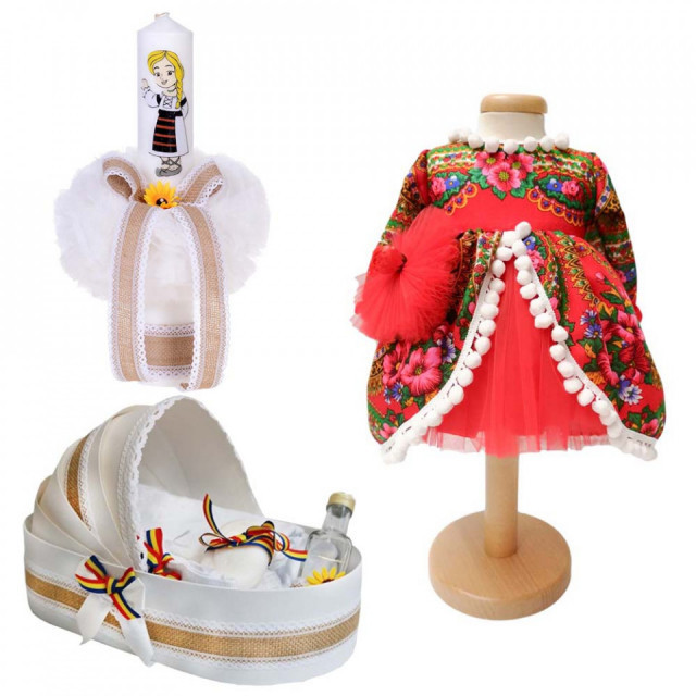 Set botez traditional fetita, trusou botez landou, lumanare si costum