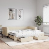 VidaXL Pat de zi cu extensie și sertare, crem, 100x200 cm, textil