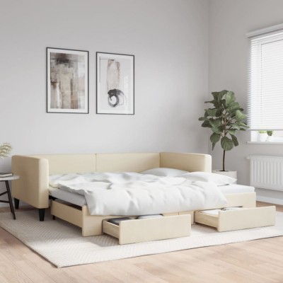 vidaXL Pat de zi cu extensie și sertare, crem, 100x200 cm, textil 3196623 foto