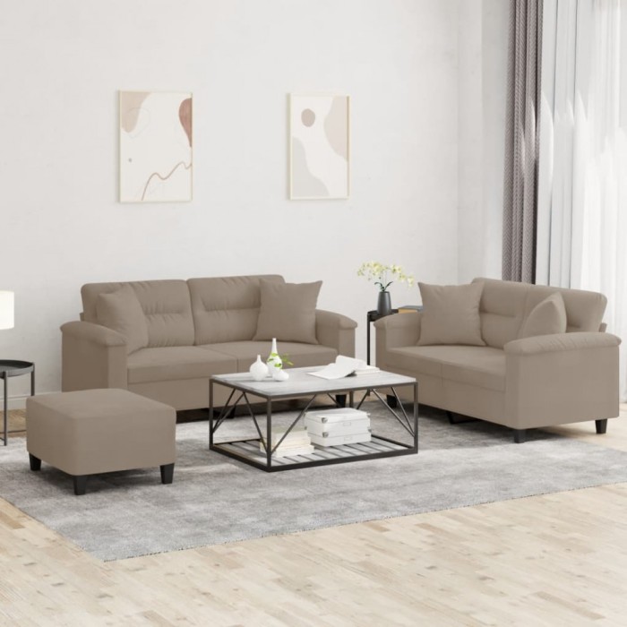 vidaXL Set de canapele cu perne, 3 piese, gri taupe, microfibră