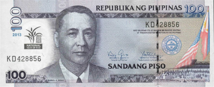 FILIPINE █ bancnota █ 100 Piso █ 2013 P220 COMEMORATIV National Year of Rice UNC