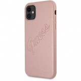 Husa Piele Guess Saffiano Vintage Script pentru Apple iPhone 11, Roz Aurie GUHCN61RSAVSRG