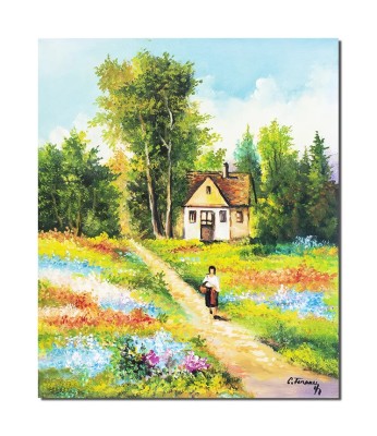 Tablou peisaj pictat manual, Amintiri din copilarie, 60x50cm ulei pe panza, gata de agatat pe perete foto