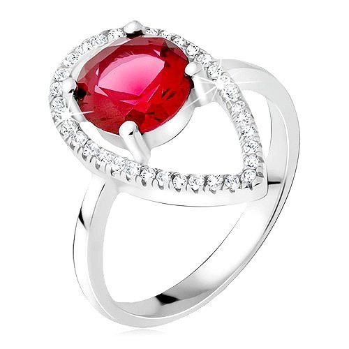Inel argint - ştras rotund, roşu, contur &icirc;n formă de lacrimă, &icirc;ncrustat cu zirconiu - Marime inel: 51