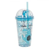 Pahar Plastic Dinozaur, Bleu, Capacitatea 475ml, Confetti și Capacul cu Pai