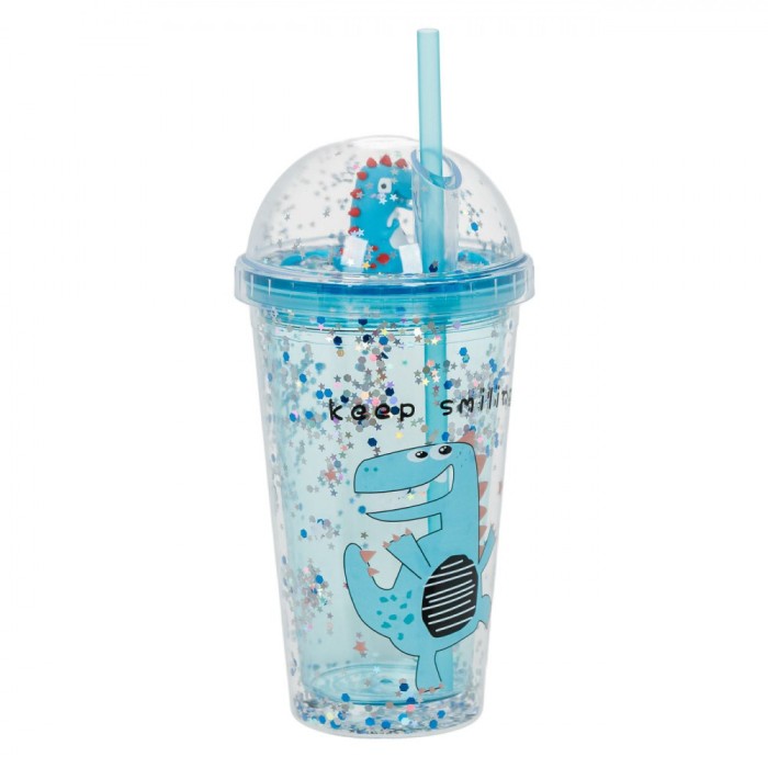 Pahar Plastic Dinozaur, Bleu, Capacitatea 475ml, Confetti și Capacul cu Pai