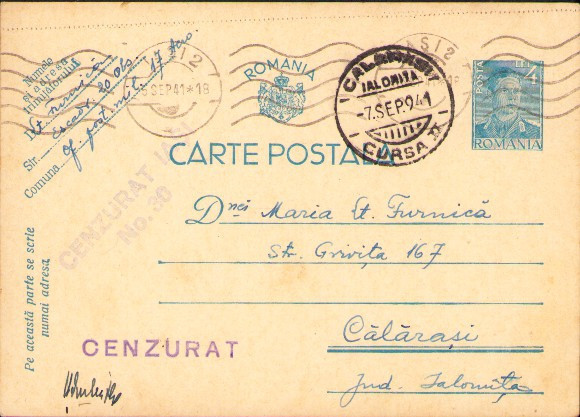 HST Carte poștală expediată de la OPM 17 Iași ștampilă Cenzurat Craiova 1941