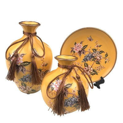 Set 2 vaze decorative si farfurie din ceramica, Galben, 724H foto