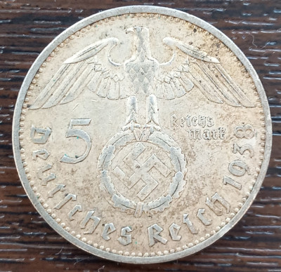 (A1028) MONEDA DIN ARGINT GERMANIA - 5 REICHSMARK 1938, LIT. A, VAR. CU SWASTIKA foto