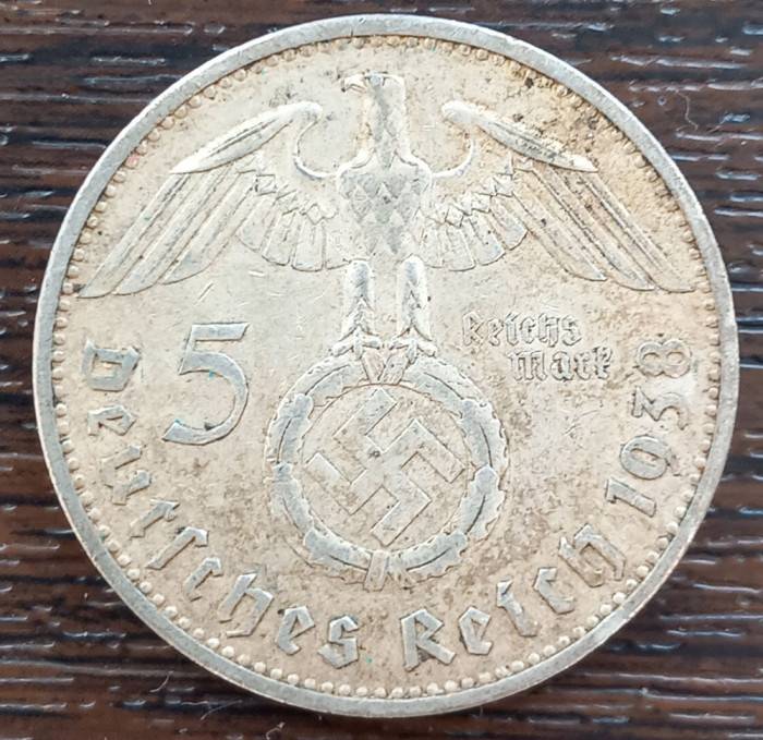 (A1028) MONEDA DIN ARGINT GERMANIA - 5 REICHSMARK 1938, LIT. A, VAR. CU SWASTIKA