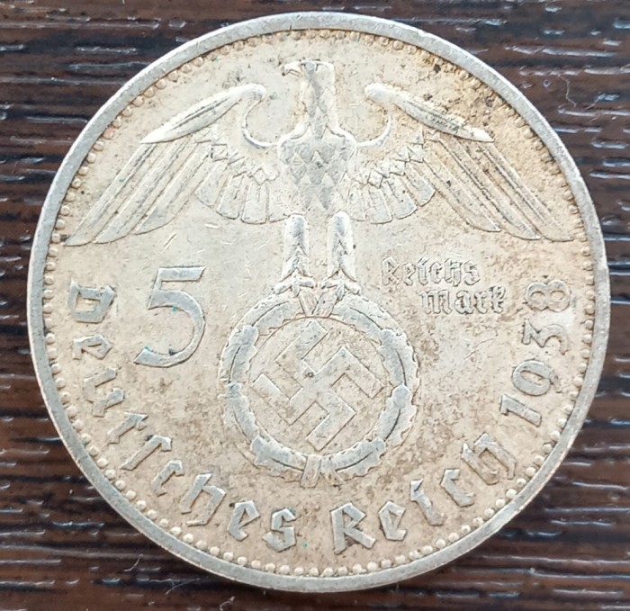 (A1028) MONEDA DIN ARGINT GERMANIA - 5 REICHSMARK 1938, LIT. A, VAR. CU SWASTIKA