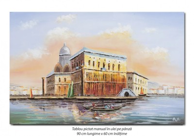 Tablou pictat manual, Gondola la Venetia (2) - 90x60cm ulei in cutit efect 3D, Superb! foto