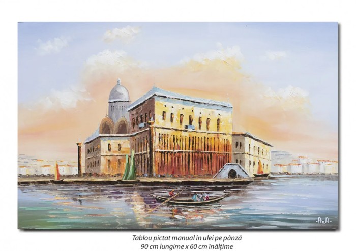 Tablou pictat manual, Gondola la Venetia (2) - 90x60cm ulei in cutit efect 3D, Superb!
