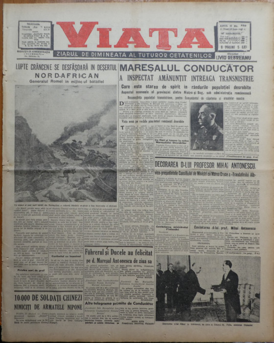 Viata, ziarul de dimineata; dir. : Rebreanu, 19 Iunie 1942, frontul din rasarit