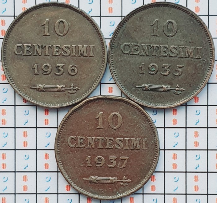 set 3 monede San Marino 10 centesimi 1935, 1936, 1937 - km 13 - A033