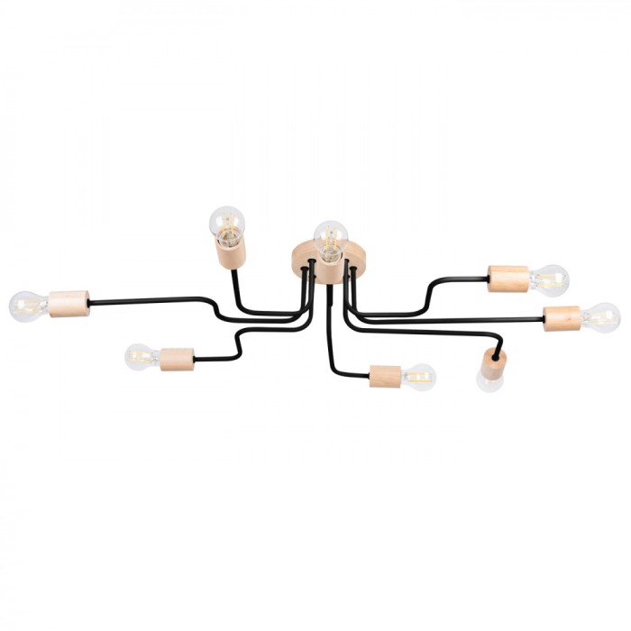 Candelabru Din Lemn De Tei Negru/Natural, Oțel/Lemn Cu 8 Becuri Geometric Pentru Mansardă De Interio