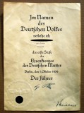 P.317 BREVET EHRENKREUZES DER DEUTSCHEN MUTTER ERSTE STUFE 1939