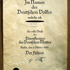 P.317 BREVET EHRENKREUZES DER DEUTSCHEN MUTTER ERSTE STUFE 1939