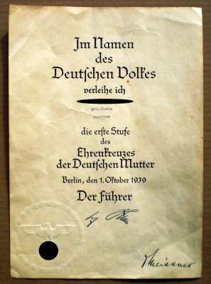 P.317 BREVET EHRENKREUZES DER DEUTSCHEN MUTTER ERSTE STUFE 1939 foto