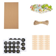 Set 24 pungi cu stickere, cleme si ata, 13 x 8 x 22 cm, hartie, lemn, multicolor