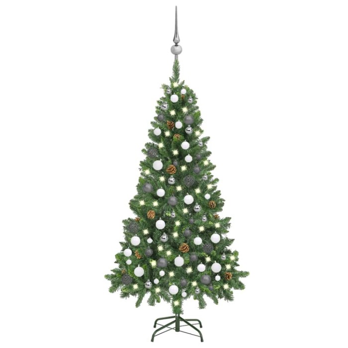Brad Crăciun artificial pre-iluminat globuri/conuri pin 150 cm