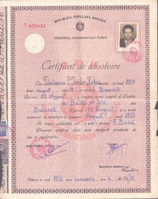 A3924N Certificat de absolvire, Liceul de Băieți nr 3/12, 1956, București foto