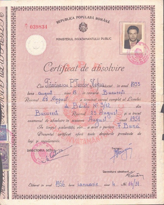A3924N Certificat de absolvire, Liceul de Băieți nr 3/12, 1956, București