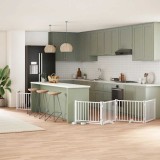 vidaXL Poartă c&acirc;ini pliabilă cu ușă, 6 panouri, alb, 480 cm, lemn plop