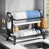 Suport uscator de vase metalic cu 2 nivele si tavi de scurgere,dimensiuni 43 x 30 x 23 cm,culoare Neagra