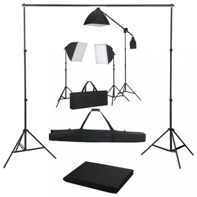 Kit foto studio,3 lumini softbox,suport fundal 2x3m,3 x bec 150W,macara si geanta transport inclusa + panza fundal Gri 2.4x2m foto