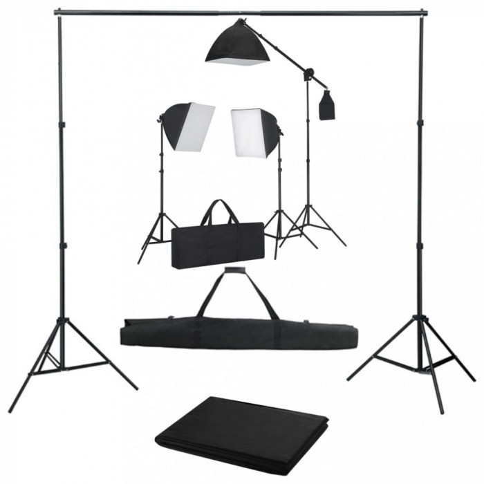 Kit foto studio,3 lumini softbox,suport fundal 2x3m,3 x bec 150W,macara si geanta transport inclusa + panza fundal Negru 2.4x3m