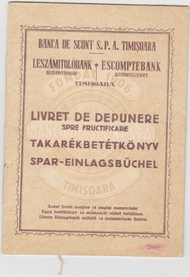 Livret depunere Banca de Scont S.P.A. Timisoara &amp;ndash; Fondat 1906 &amp;ndash; document bancar original interbelic &amp;ndash; multilingv RO/HU/DE foto