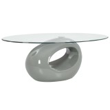 Măsuță de cafea cu blat de sticlă oval, gri lucios