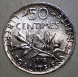 F.061 FRANTA WWI 50 CENTIMES 1918 AUNC ARGINT