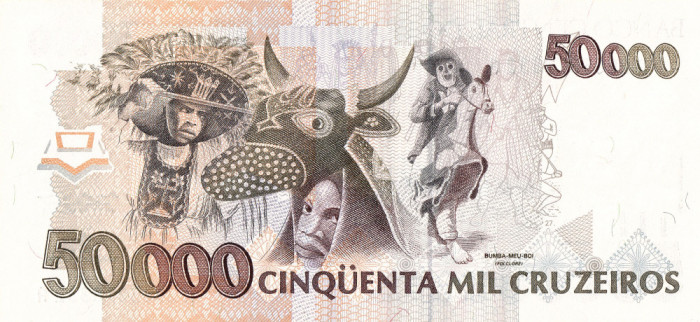 Bancnota BRAZILIA 50,000 Cruzeiros nedatata, circa 1992, UNC