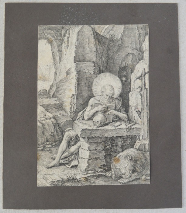 Lucas van Leyden &quot;Sfantul Ieronim in pestera&quot; gravura veche cca 1590