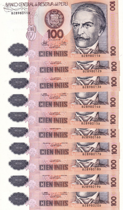 PERU lot 10 buc. X 100 intis 1987 UNC!!!
