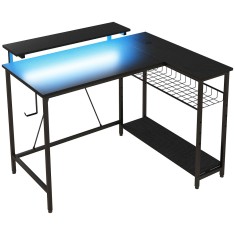 HOMCOM Birou de Gaming &icirc;n Formă de L cu Lumini LED, Birou de Colț Reversibil cu Rafturi de Depozitare, 107x80x90 cm, Negru | Aosom Romania