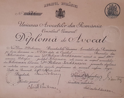 Diploma de avocat per. regalista / Bucuresti 1924 foto