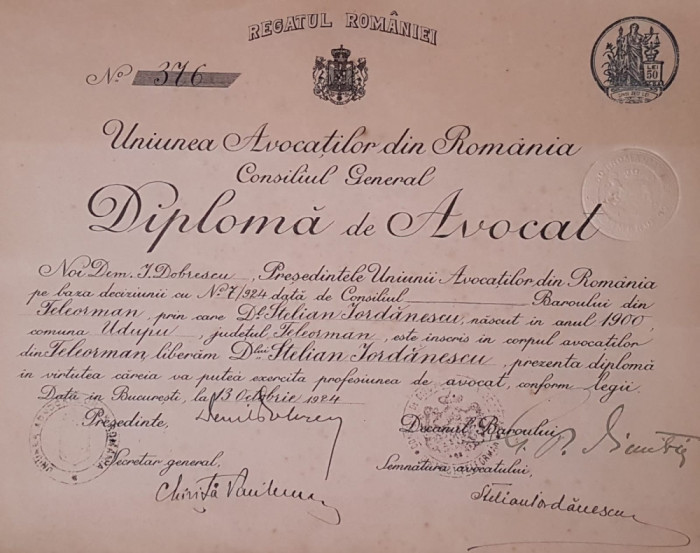 Diploma de avocat per. regalista / Bucuresti 1924