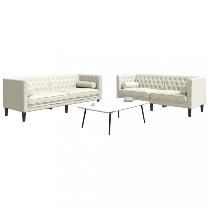 vidaXL Set canapele Chesterfield cu perne rulou 2 piese, crem, catifea