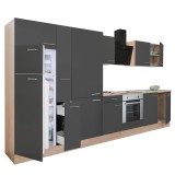 Mobilă de bucătărie Yorki 360, corp din stejar sonoma, front antracit satinat, element cuptor inferior, dulap cu rafturi și frigider cu congelator sup