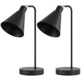 HOMCOM Set de 2 Lămpi de Masă Moderne din Oțel cu Porturi USB, E27, Becurile Nu Sunt Incluse, Negru | Aosom Romania